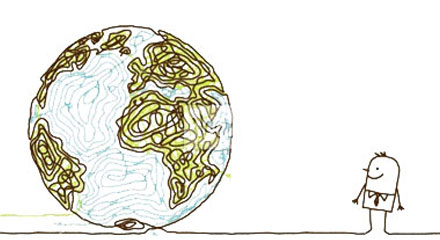 Illustrated characters with globe